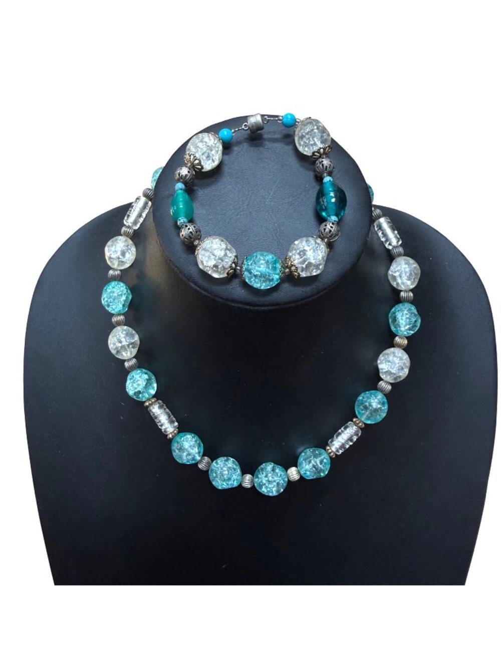 Necklace Bracelet Set Aqua Blue Frosted Glass Beaded 17.5 inches 7.5 inches